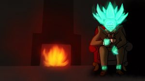 Crota by the fire in a tuxedo
