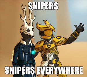 Warlock and Titan in the toy's story meme style, snipers, snipers everywhere