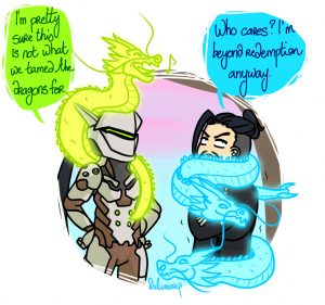 Genji and Hanzo Shimada warming up with dragons