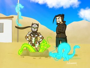 Hanzo and Genji Shimada having fun with their dragons on the beach