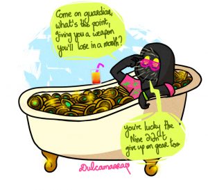 Xur bathing in a strange coins bathtub