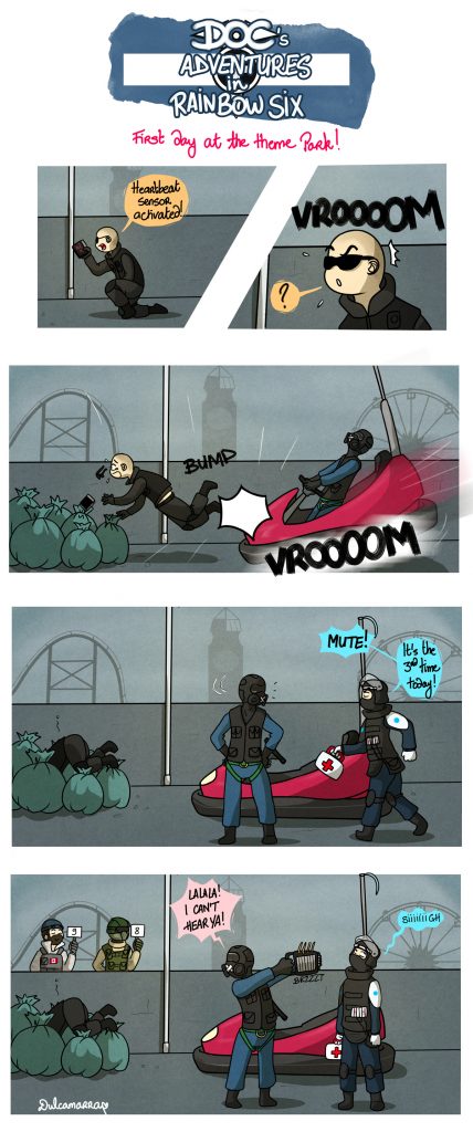 Doc's adventures: Pulse is lookinf for ennemies but Mute bumps him into trash with a bumper car