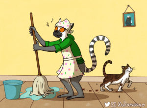 Dulca the lemur cleaning the house