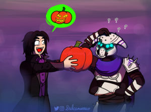 Warlock presenting a pumpkin to carve to a Fallen Vandal