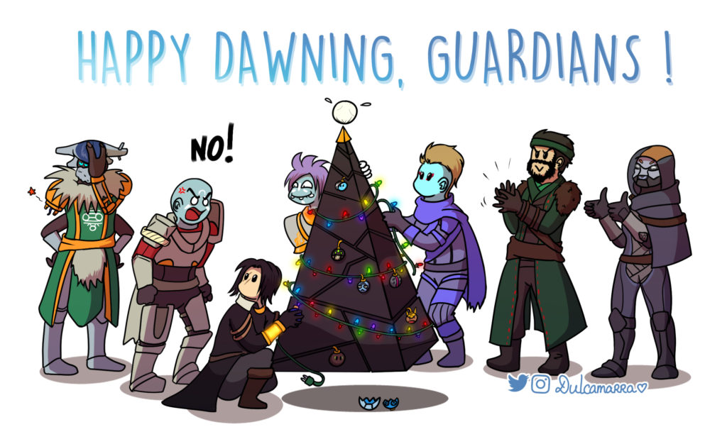 guardians celebrating the dawning by putting lights and ornaments on a pyramid