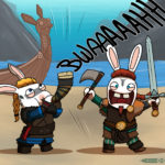 Rabbid Eivor uses her Viking horn while rabbid Sigurd is ready to raid