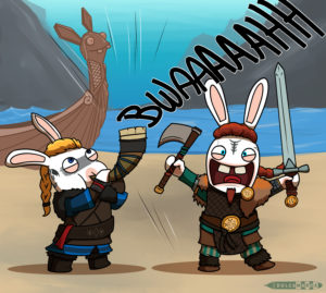 Rabbid Eivor uses her Viking horn while rabbid Sigurd is ready to raid