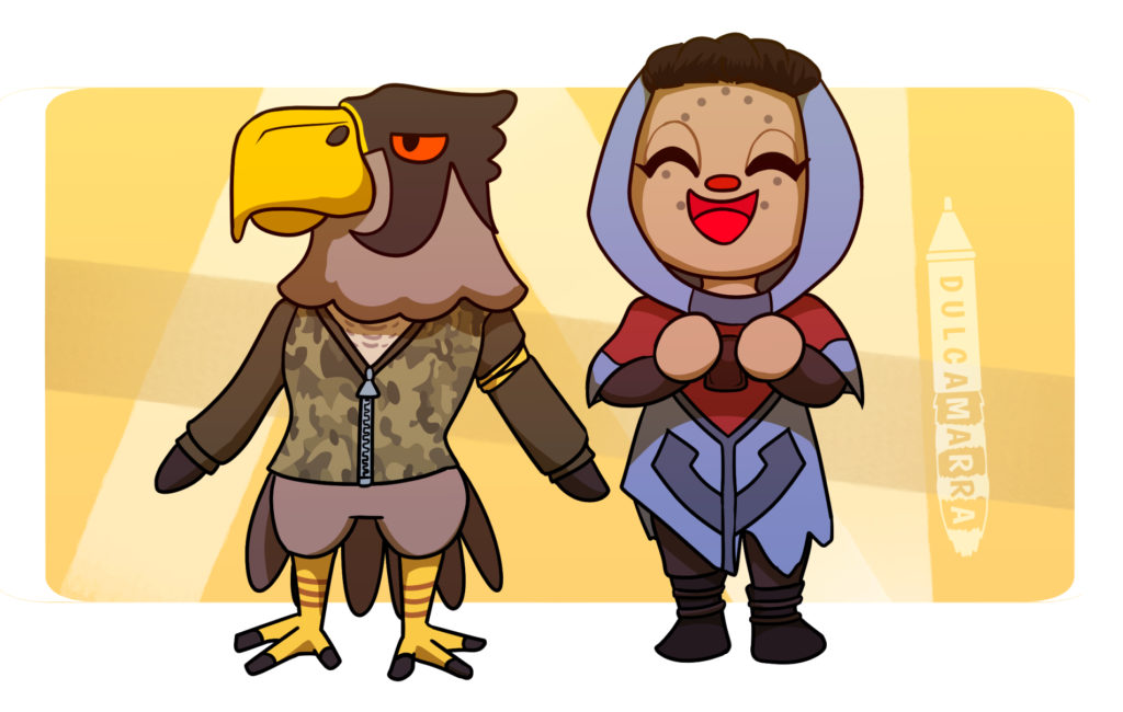 Suraya Hawthorne from Destiny and her pet hawk Louis in the style of Animal Crossing new Horizons