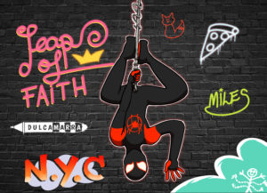 Miles Morales as Spiderman in his black and red costume, with a black wall and graffiti in the background. One reads "leap of faith" in pink and yellow, one reads "N.Y.C" in a orange and yellow gradient, one is a pizza, another one a fox, one is Mile's name in neon green and a teal cloud on the bottom right encapsulates a very basic drawing of doc octopus in stick figures