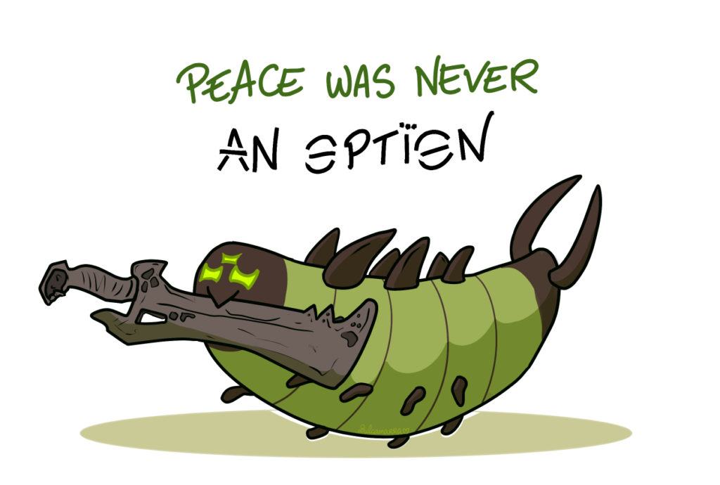 A Destiny Hive worm holding a Knight cleaver in his mouth with the caption "Peace was never an option" written with hive runes
