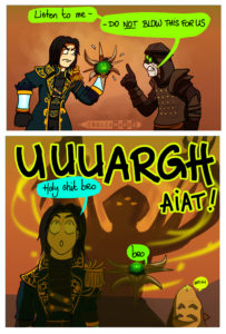 Comics in two panels, first panel is Immaru, Savathun's hive ghost in a warlock's hands. His name is JP. Eris Morn says "Listen to me - do not blow this for us" in a recreation of the Brooklyn 99 meme with Jake and Cheddar in Holt's bathroom. Second panels shows JP, Immaru and a Hive worm looking in shock at Eris Morn transforming into a hive goddess out of the panel, you can guess what she is doing with her threatening shadow covering their faces