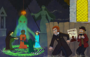 Eli Bleakworth and Willie Wibblesock witness a ritual made to bring Cthulhu back from his slumber conducted by a lemur, Alonso Grave, Bente Jorgensen and Prince Caleb in a town built with Eldritch pack ornaments in Anno 1800