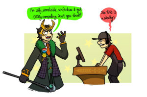 Loki says his voiceline from Marvel Rivals "I'm wily vindictive, unreliable and yet... Oddly compelling, don't you think ?" and the cashier answers "sir, this is a wendy's"