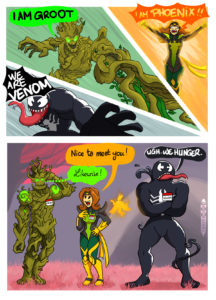 Venom, Groot and Phoenix ult with their respective voicelines, "we are venom", "I am Groot", "I am Phoenix" and on the second panel, they are at a meet and greet introducing themselvess with name tags