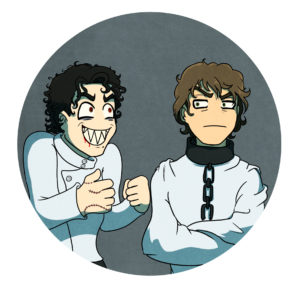 The "excited vs calm" meme, with Isaac Night being super excited in his mad scientist outfit, with his right hand sewn back on his wrist. Tyler Galpin is the jaded one in his hospital straightjacket with the collar to keep him prisoner, but with the chain broken.