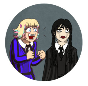 The "excited vs calm" meme, with Enid being super excited as Wedneday is jaded. They are wearing their Nevermore outfits, Wednesday has her black tears she gets from having visions.