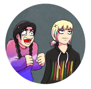 The "excited vs calm" meme, body swap edition. Wednesday is wearing the colored outfit she has during the k-pop scene, and Enid wears the black hoodie she's wearing in the cello scene.