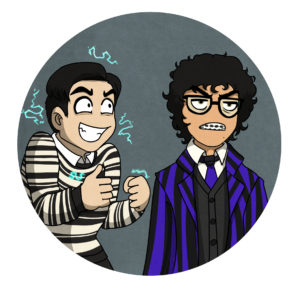 The "excited vs calm" meme, Eugene and Pugsley edition. Pugsley is excited, wearing his usual attire with a striped tshirt, and Eugene is jaded, wearing his nevermore edition.
